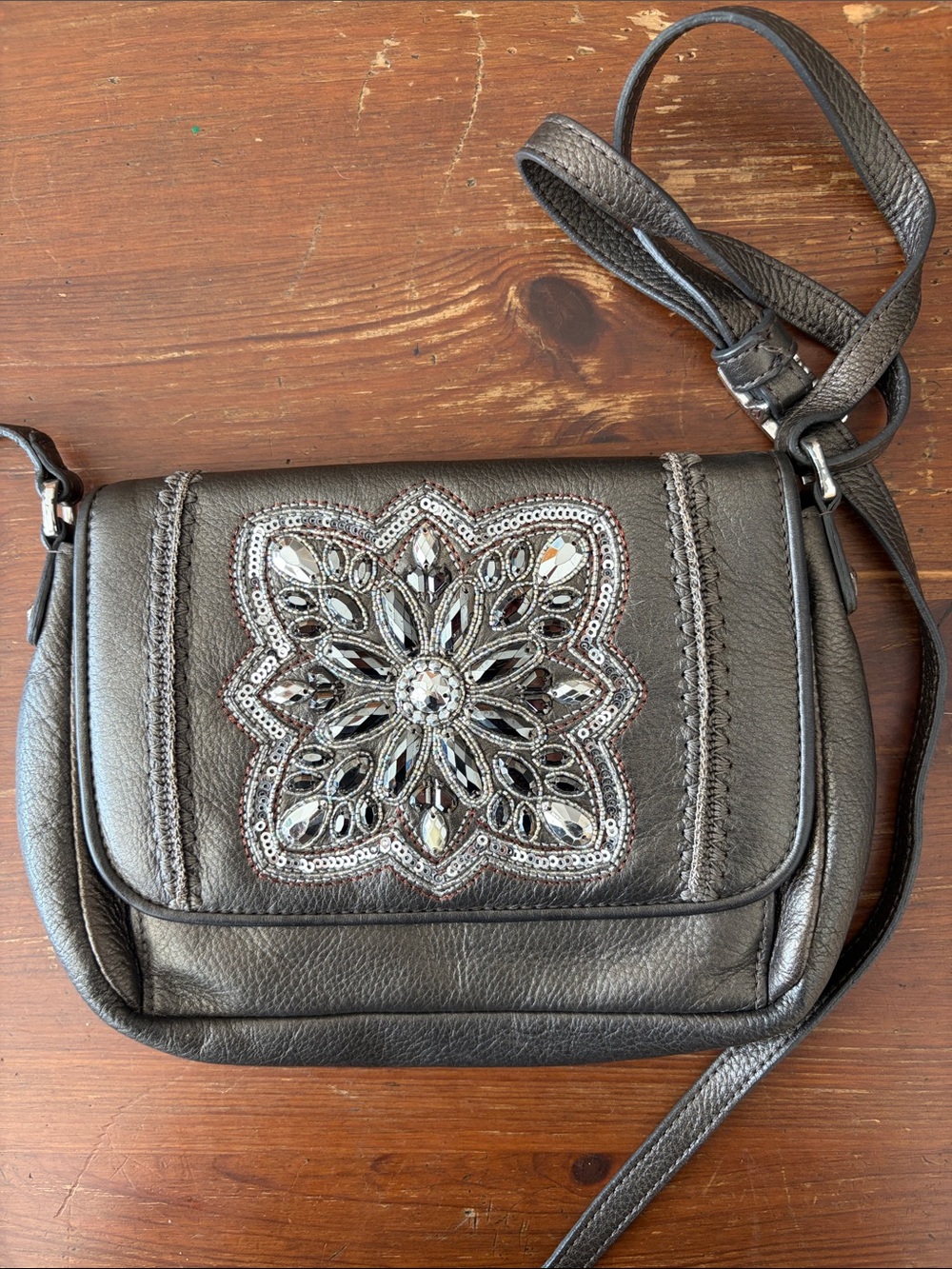 Brighton Metallic Gray Jeweled Crossbody Bag